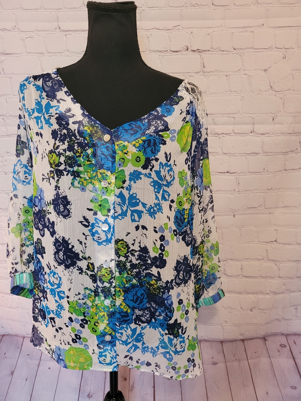 Fig & Flower Anthropologie Size 1X Blue Green Floral Lace Striped Sheer Tunic